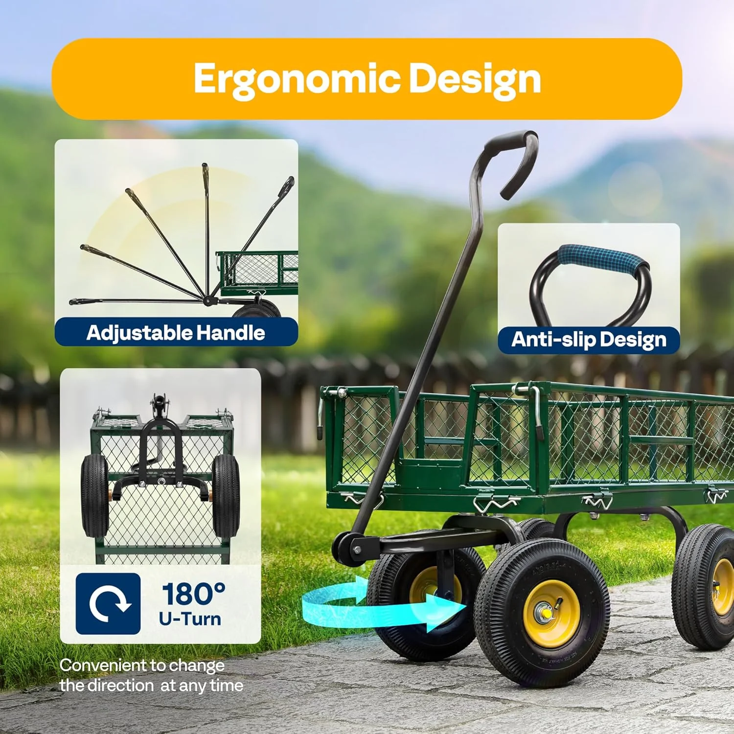 VIVOHOME Heavy Duty Mesh Steel Garden Cart, 880 lbs Capacity, Noise Reduction Tires, Removable Sides