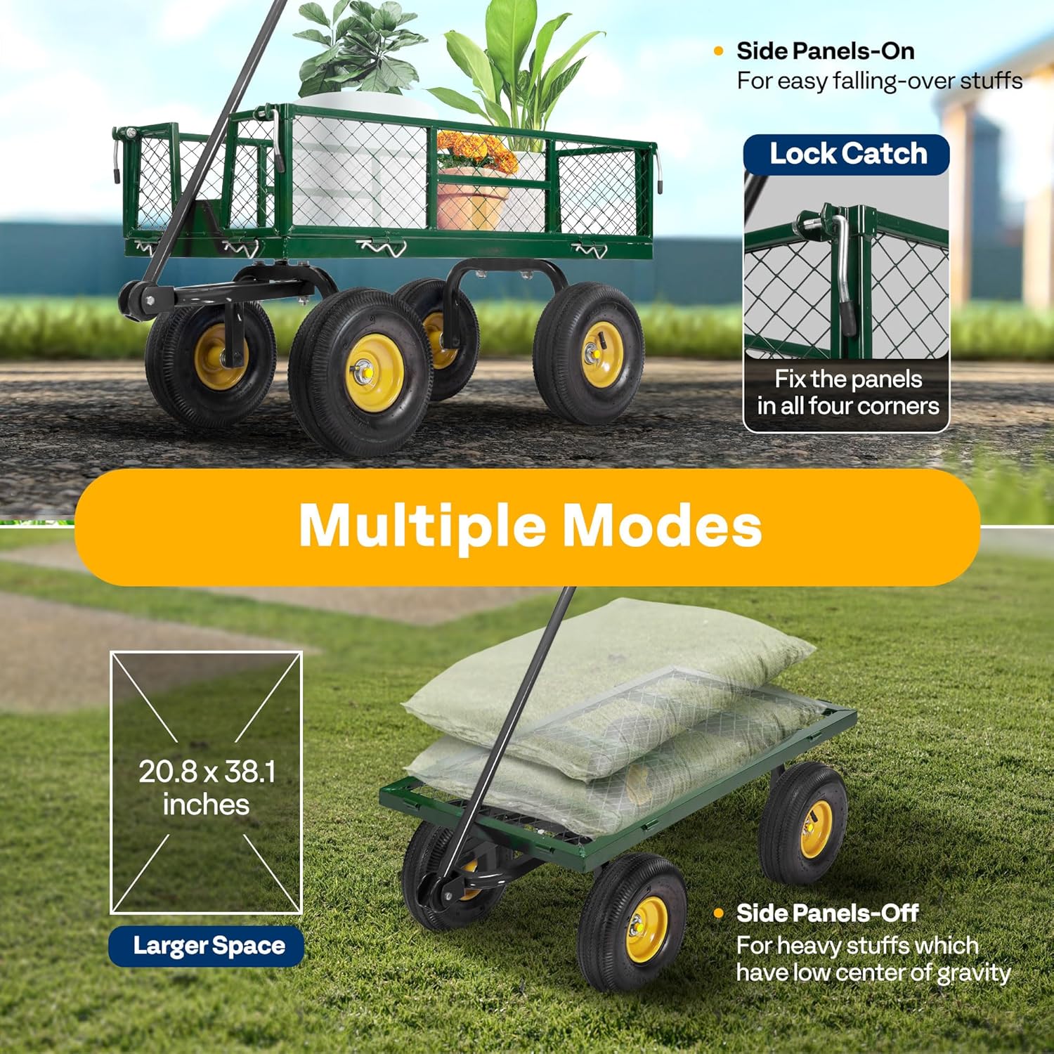 VIVOHOME Heavy Duty Mesh Steel Garden Cart, 880 lbs Capacity, Noise Reduction Tires, Removable Sides