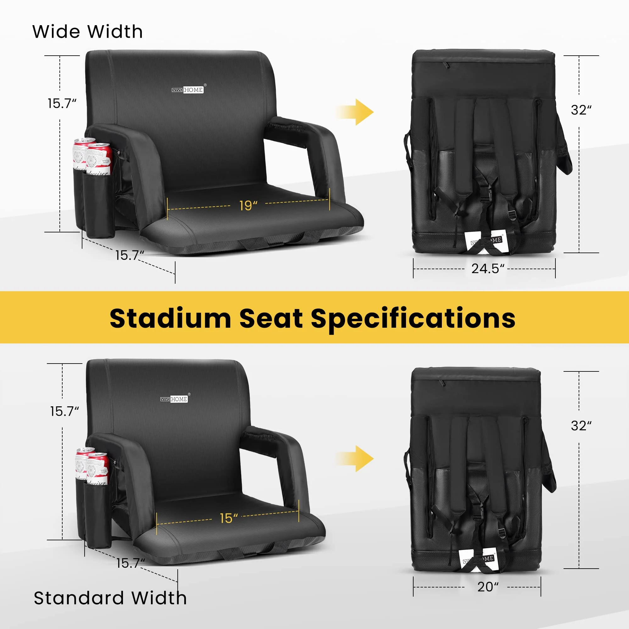 VIVOHOME Portable Reclining Stadium Seat with Adjustable Back & Armrests, 24.5" Wide, Lightweight & Water-Resistant for Bleachers
