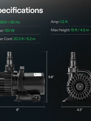 VIVOSUN 1600 GPH Quiet Submersible Water Pump, Energy Efficient, High Lift, Durable, for Ponds & Fountains