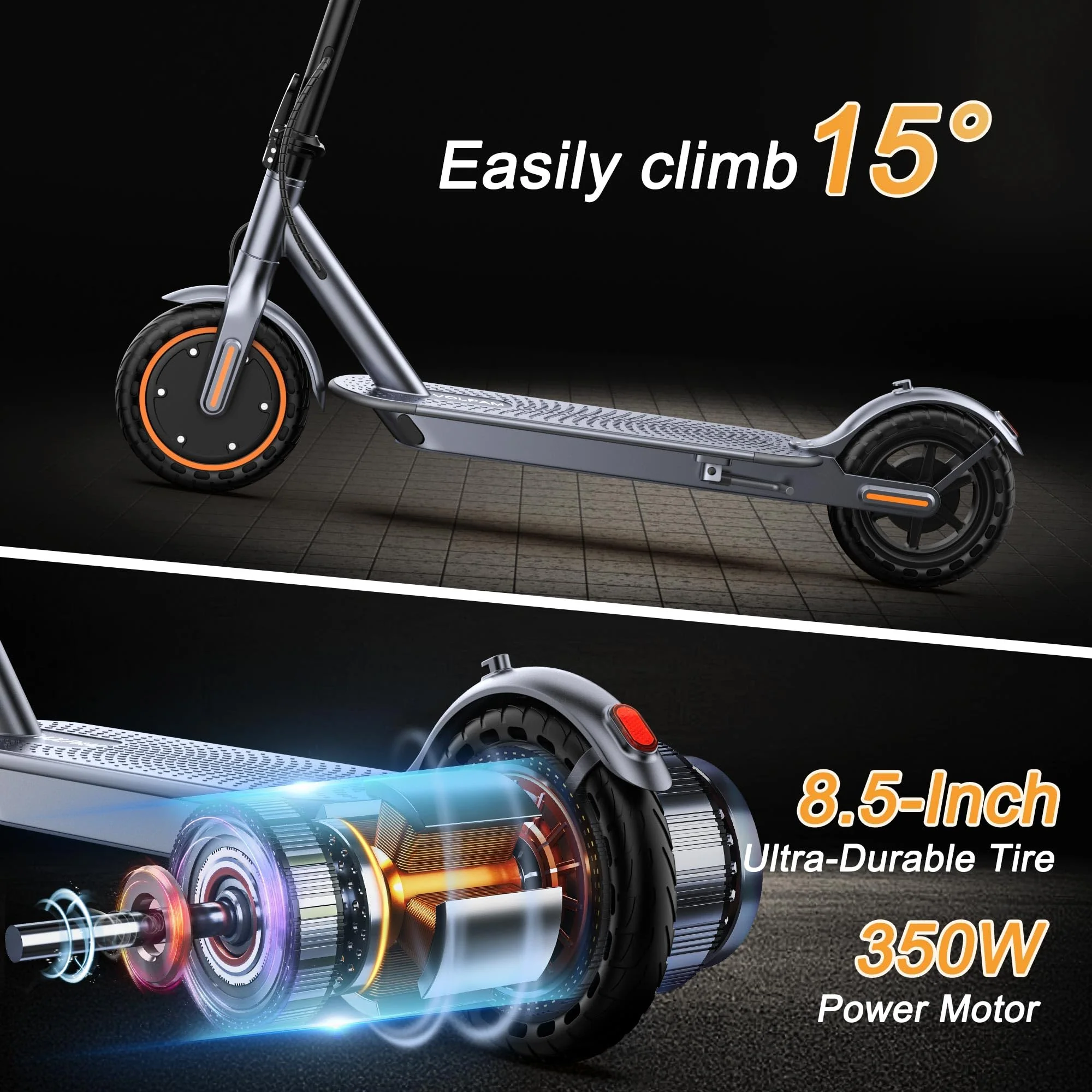 VOLPAM SP03 Folding Electric Scooter, 350W Motor, 19 MPH, 21-Mile Range, App Control, Solid Tires, UL2272 Certified