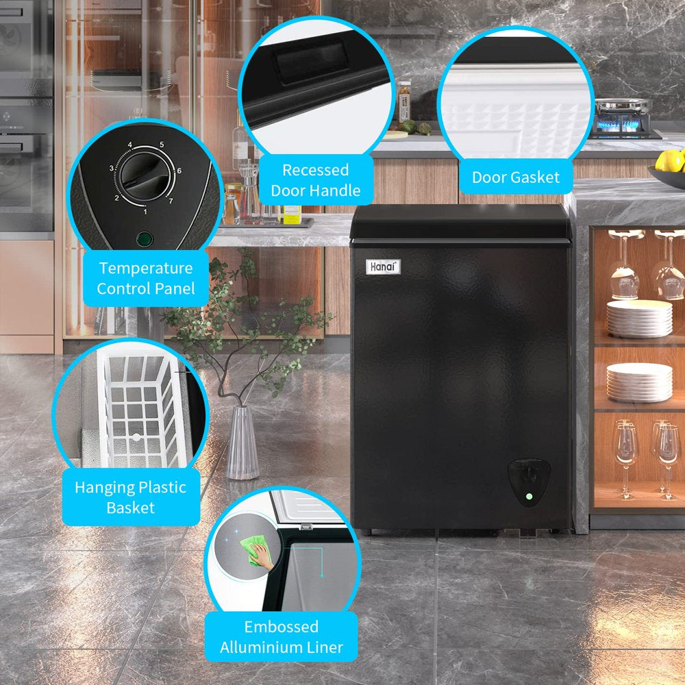Wanai 3.5 Cu Ft Chest Freezer, Black, Energy-Efficient with Removable Basket and Adjustable Temp Control