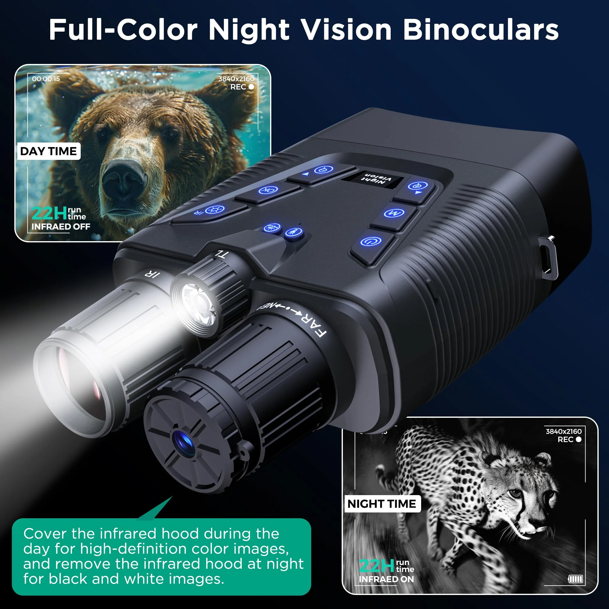 WASOCA 58MP 4K Night Vision Binoculars with Infrared, 5x Zoom, 10000mAh Battery, 64GB Card, IP65 Waterproof