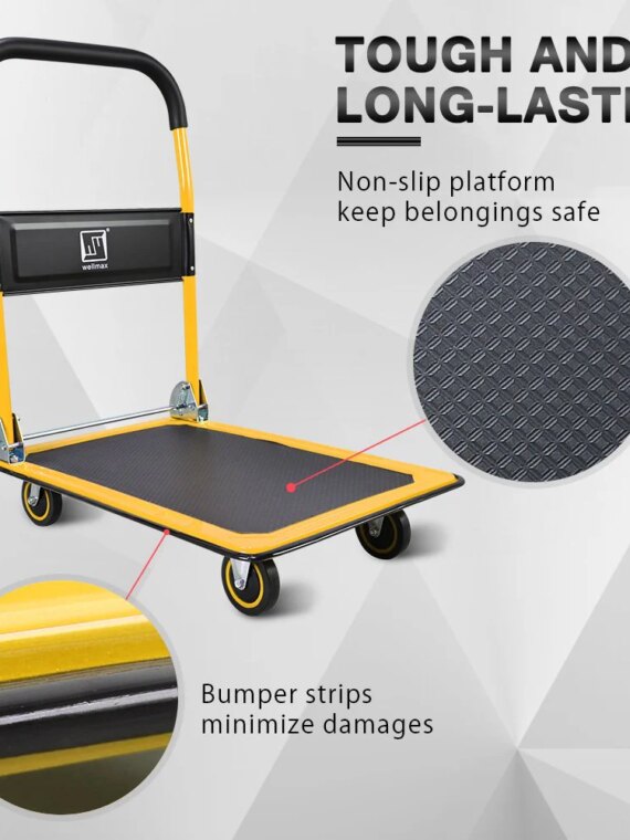 Wellmax Foldable Push Cart Dolly - 330 lbs Capacity, Heavy-Duty Hand Truck with Swivel Wheels