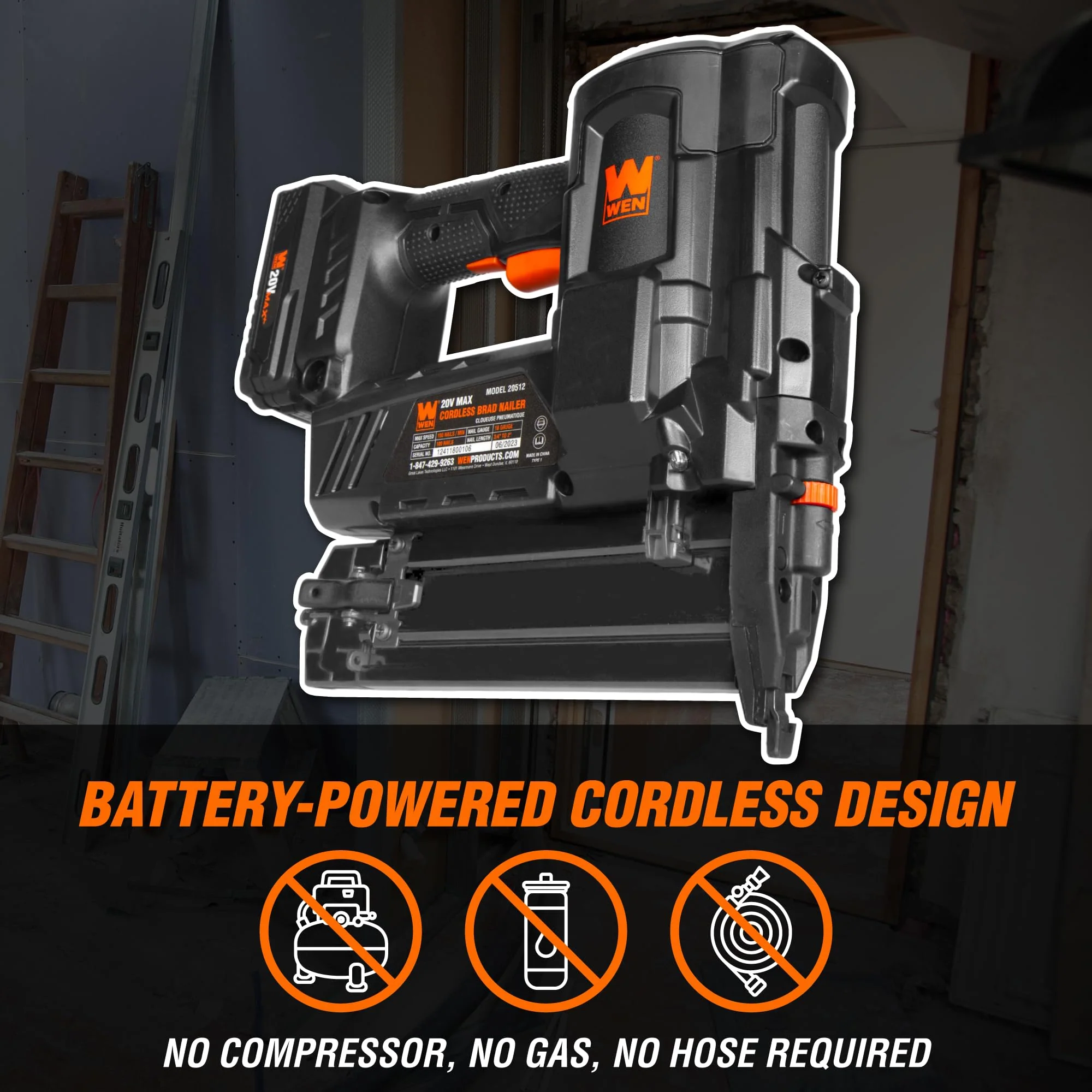 WEN 20V Max Cordless 18-Gauge Brad Nailer Kit with 2.0Ah Battery & Charger