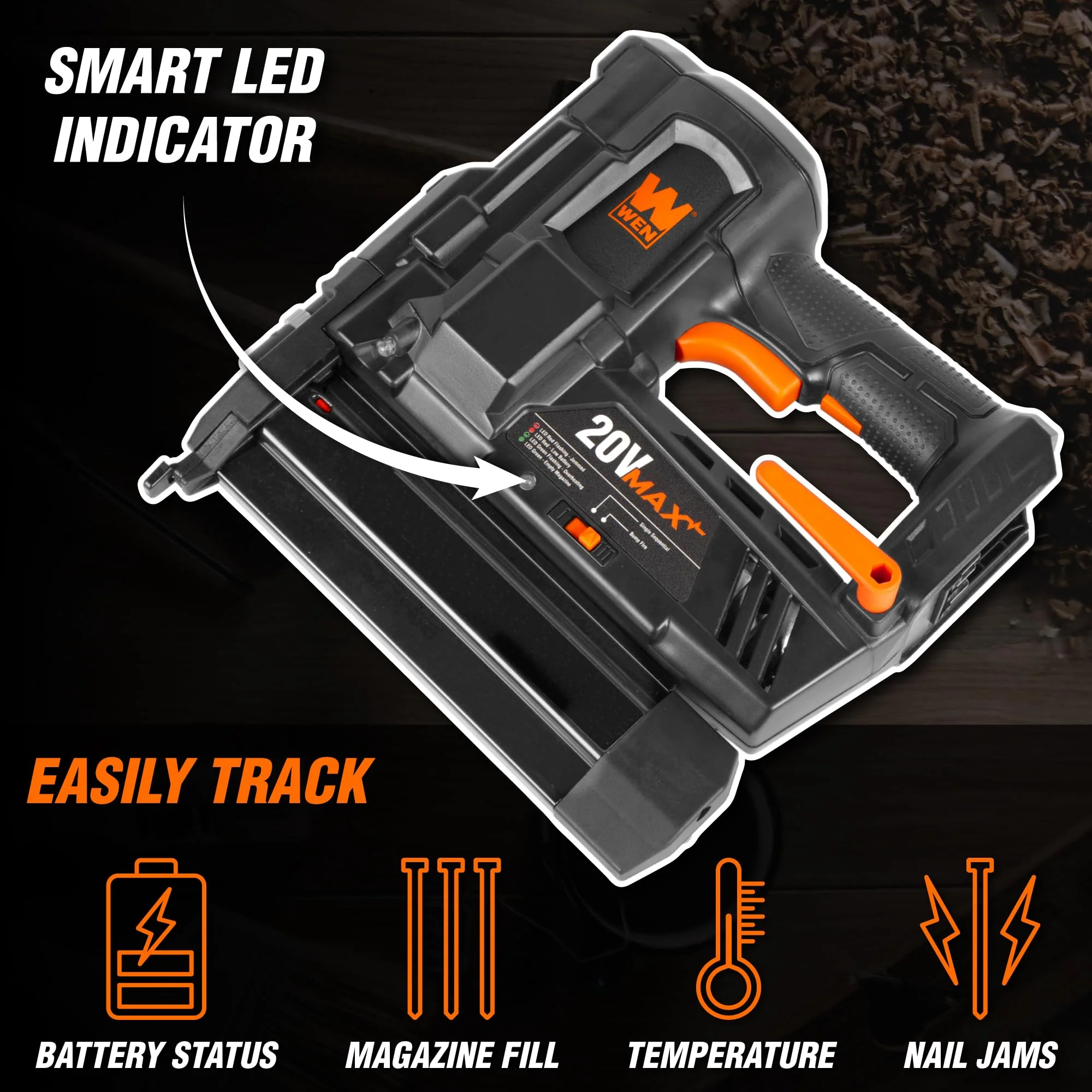 WEN 20V Max Cordless 18-Gauge Brad Nailer Kit with 2.0Ah Battery & Charger