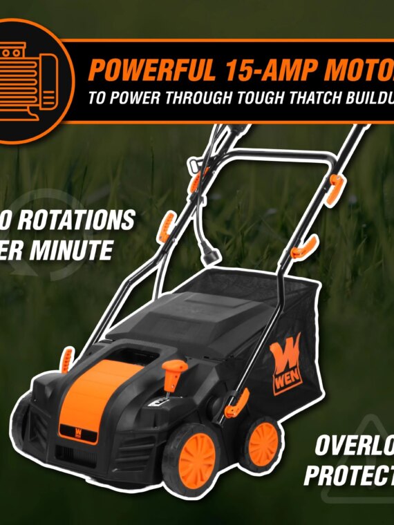 WEN Electric Dethatcher & Scarifier, 16-Inch, 15-Amp, 5-Position Height, 24 Steel Tines, 20-Blade Scarifying, with Collection Bag