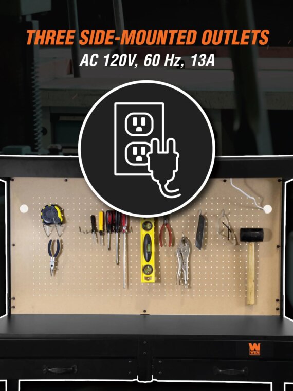WEN WB4723T 48-Inch Workbench with Power Outlets, Light, and Storage Shelves for Woodworkers
