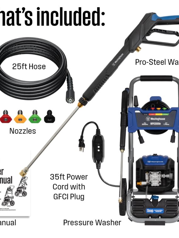 Westinghouse WPX3000E Electric Pressure Washer, 3000 PSI, 1.76 GPM, 25' Hose, 5 Nozzles, Soap Tank, Heavy-Duty Frame