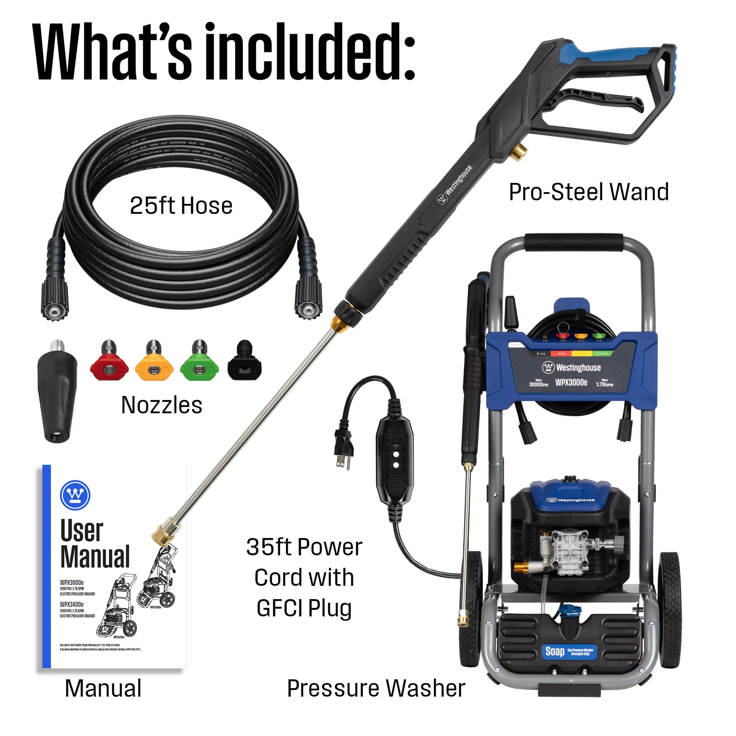 Westinghouse WPX3000E Electric Pressure Washer, 3000 PSI, 1.76 GPM, 25' Hose, 5 Nozzles, Soap Tank, Heavy-Duty Frame