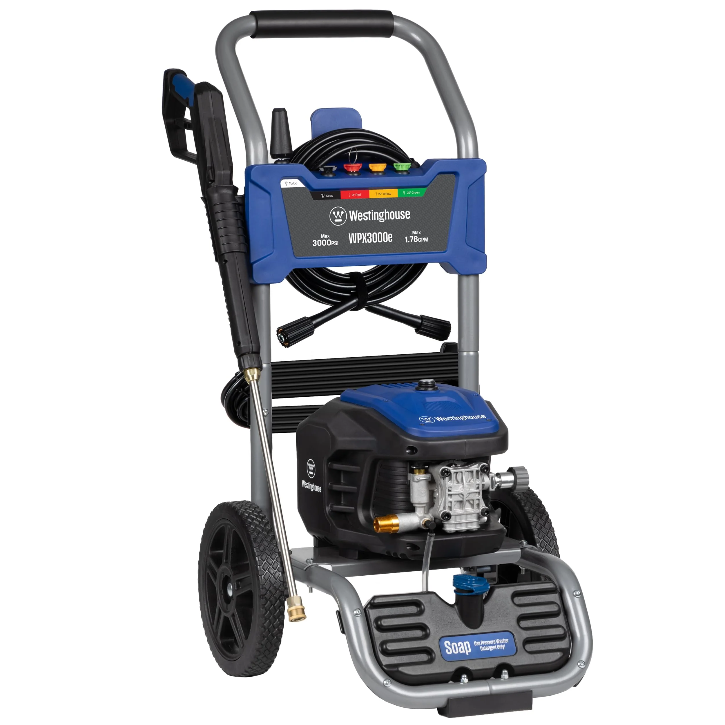 Westinghouse WPX3000E Electric Pressure Washer, 3000 PSI, 1.76 GPM, 25' Hose, 5 Nozzles, Soap Tank, Heavy-Duty Frame