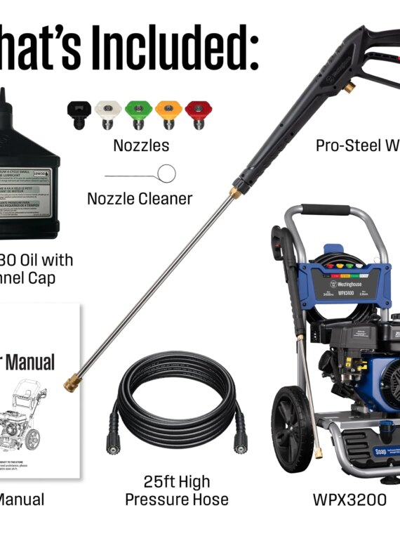 Westinghouse WPX3400 Gas Pressure Washer, 3400 PSI, 2.6 GPM, 212cc Engine, 25' Hose, 5 Nozzles