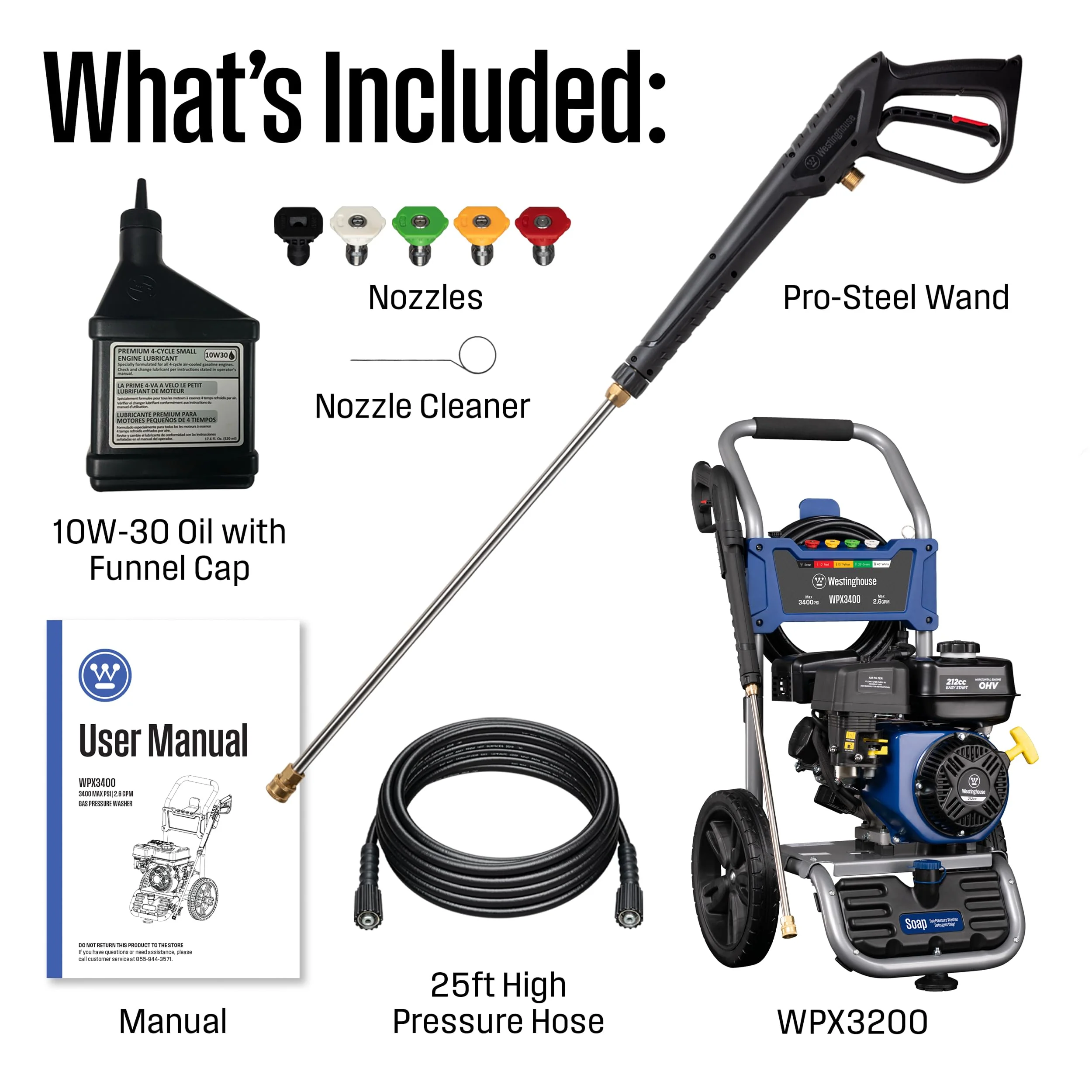 Westinghouse WPX3400 Gas Pressure Washer, 3400 PSI, 2.6 GPM, 212cc Engine, 25' Hose, 5 Nozzles