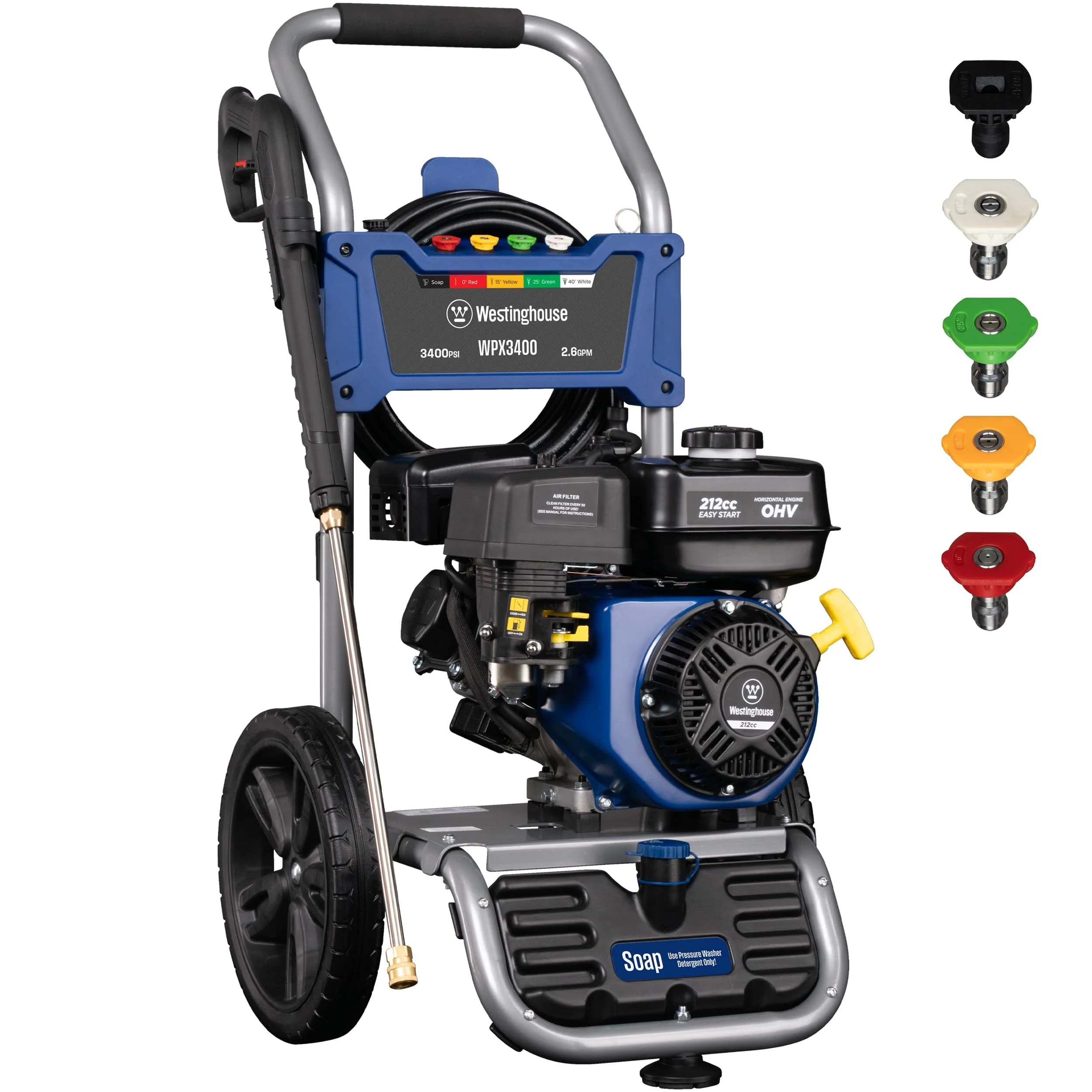 Westinghouse WPX3400 Gas Pressure Washer, 3400 PSI, 2.6 GPM, 212cc Engine, 25' Hose, 5 Nozzles