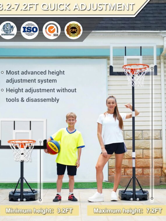 WIN.MAX Kids Basketball Hoop with 29" Adjustable Backboard for Indoor/Outdoor Play, Height 3.2-7.2 ft