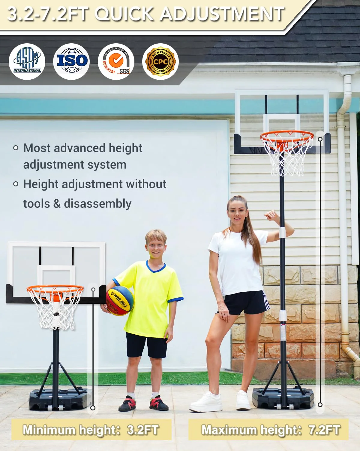 WIN.MAX Kids Basketball Hoop with 29" Adjustable Backboard for Indoor/Outdoor Play, Height 3.2-7.2 ft