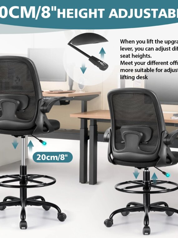 Winrise Ergonomic Drafting Chair, Adjustable Tall Office Desk Chair with Lumbar Support & Flip Armrests, 300 lbs Capacity, Mesh Back, 8 Colors