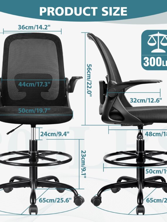 Winrise Ergonomic Drafting Chair, Adjustable Tall Office Desk Chair with Lumbar Support & Flip Armrests, 300 lbs Capacity, Mesh Back, 8 Colors