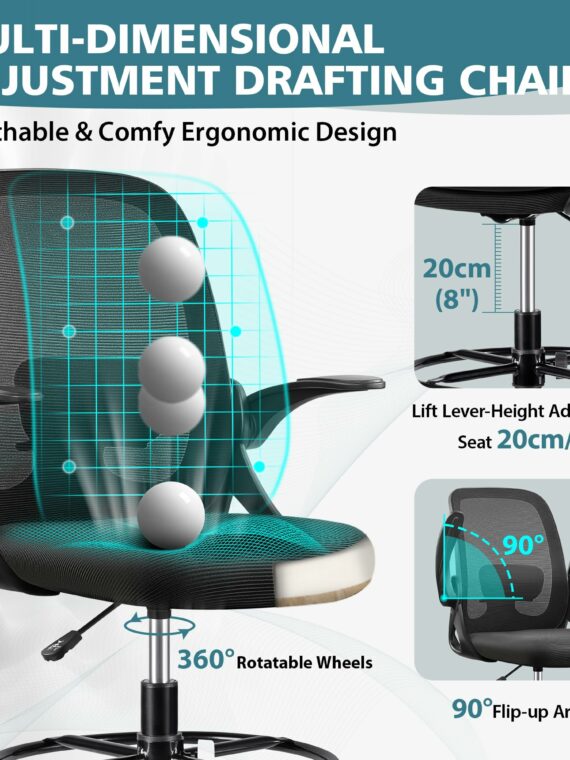 Winrise Ergonomic Drafting Chair, Adjustable Tall Office Desk Chair with Lumbar Support & Flip Armrests, 300 lbs Capacity, Mesh Back, 8 Colors
