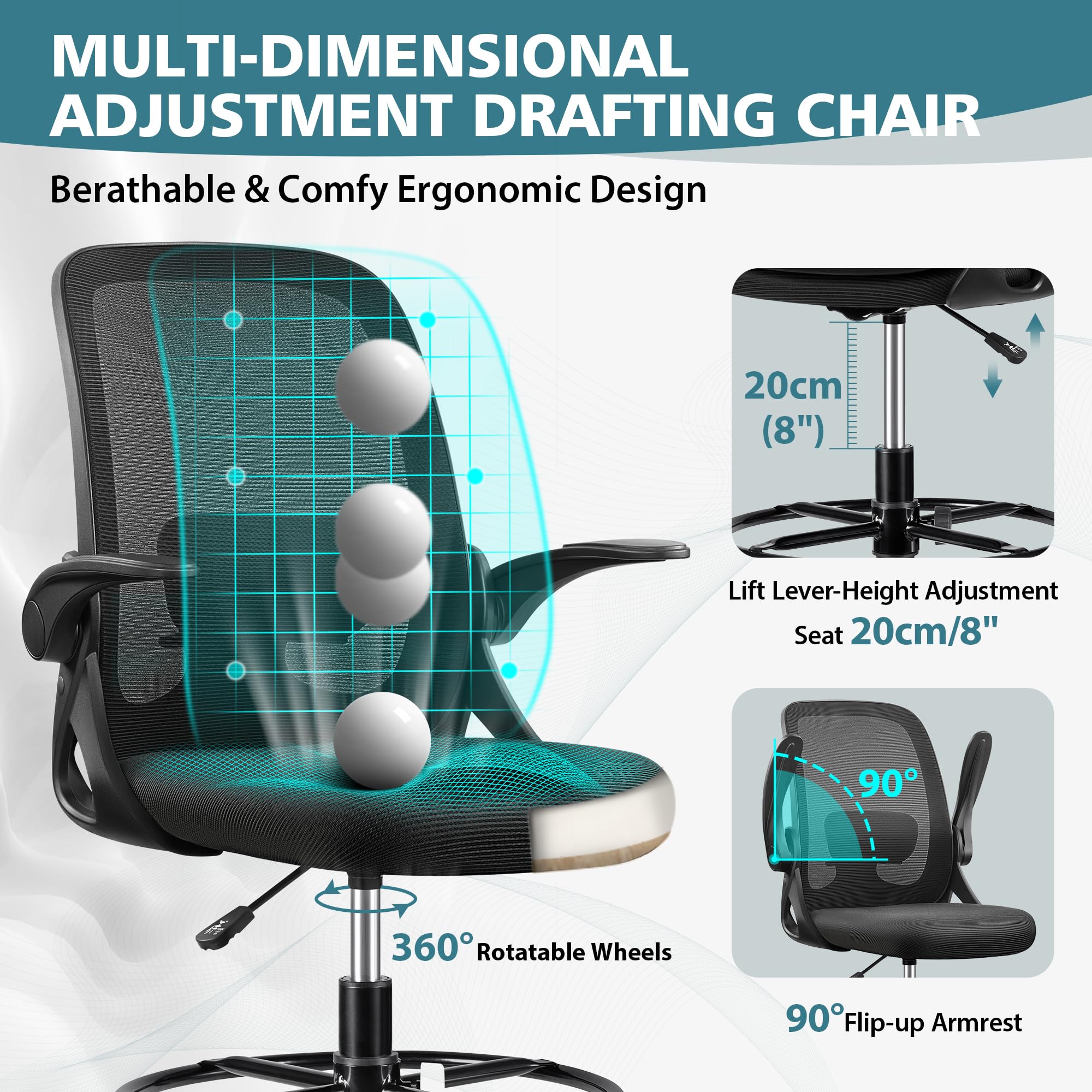 Winrise Ergonomic Drafting Chair, Adjustable Tall Office Desk Chair with Lumbar Support & Flip Armrests, 300 lbs Capacity, Mesh Back, 8 Colors