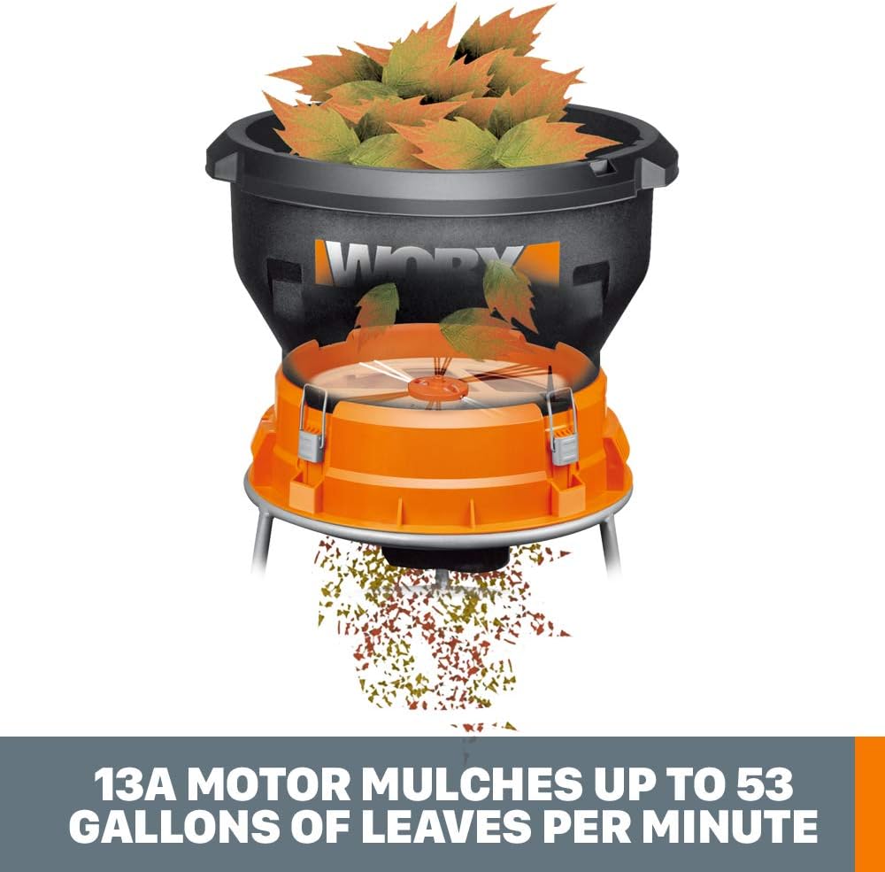 WORX 13 Amp Electric Leaf Mulcher, 53 Gallons/Min, 11:1 Mulch Ratio, Portable & Easy Assembly