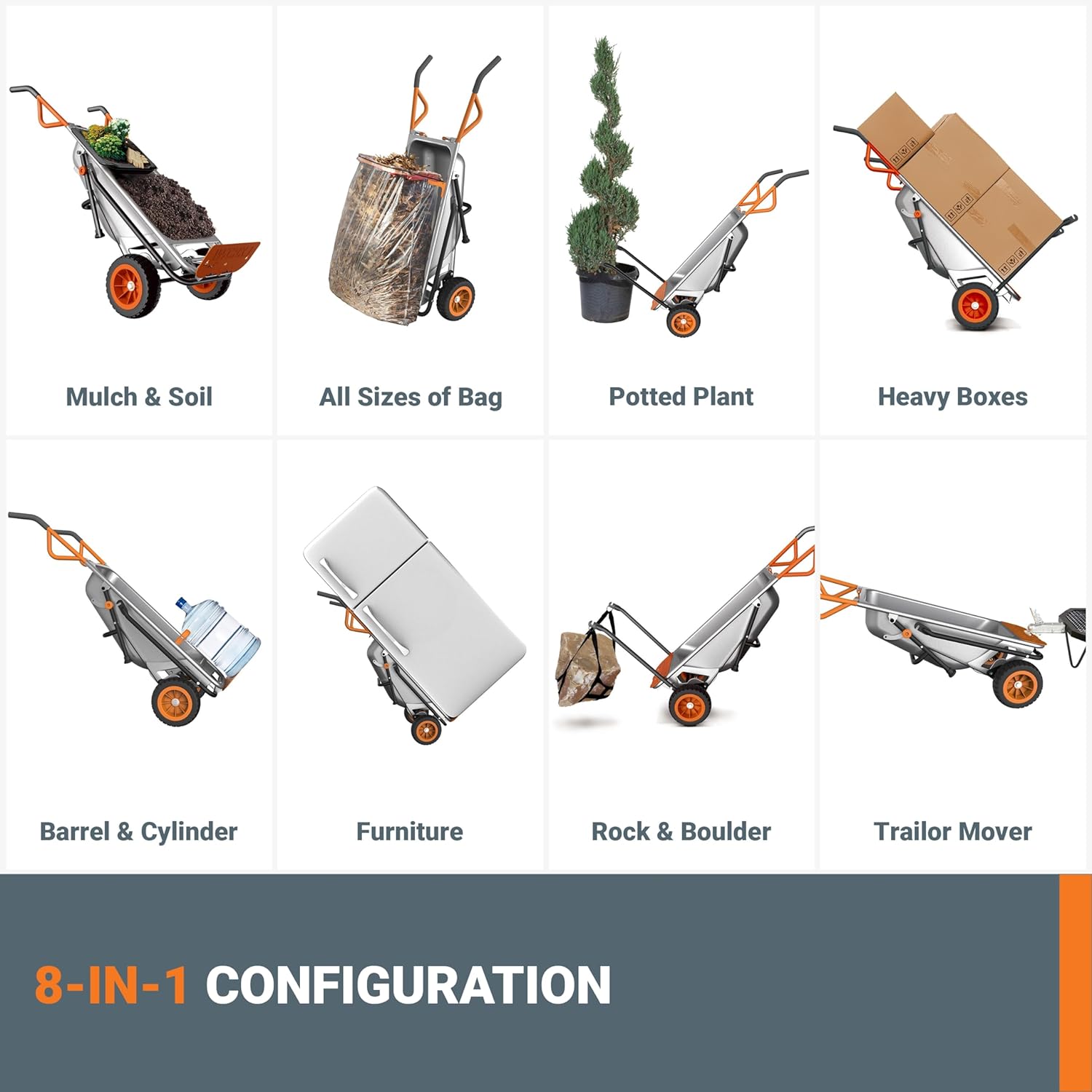Worx Aerocart 8-in-1 Yard Cart, Heavy Duty Wheelbarrow & Dolly, 300 lbs Capacity, Turbo Lift Design