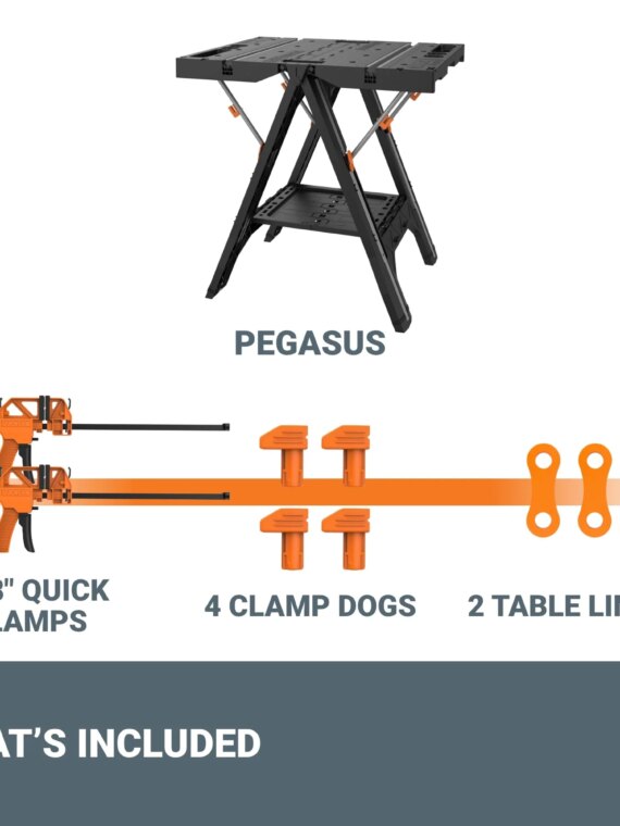 Worx Pegasus WX051 2-in-1 Folding Work Table & Sawhorse, Portable, Heavy-Duty Support, Integrated Clamps