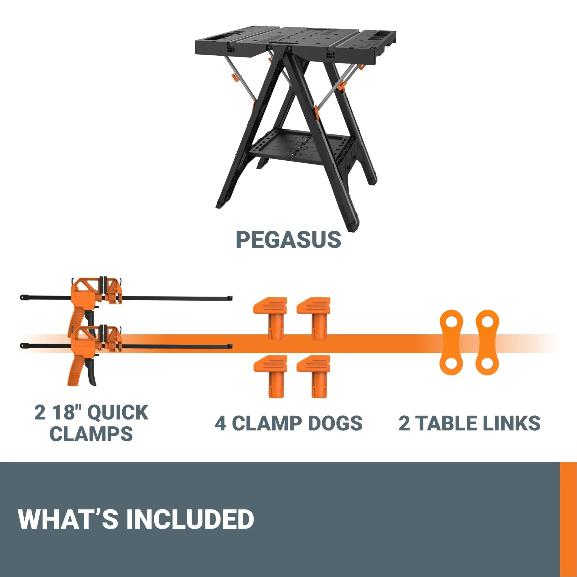 Worx Pegasus WX051 2-in-1 Folding Work Table & Sawhorse, Portable, Heavy-Duty Support, Integrated Clamps