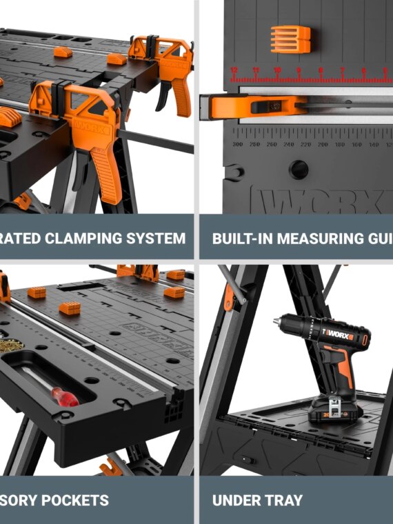 Worx Pegasus WX051 2-in-1 Folding Work Table & Sawhorse, Portable, Heavy-Duty Support, Integrated Clamps