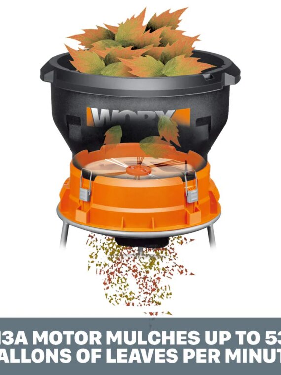 Worx WG430 13 Amp Electric Leaf Mulcher, Portable, Efficient 11:1 Mulch Ratio, Tool-Free Assembly