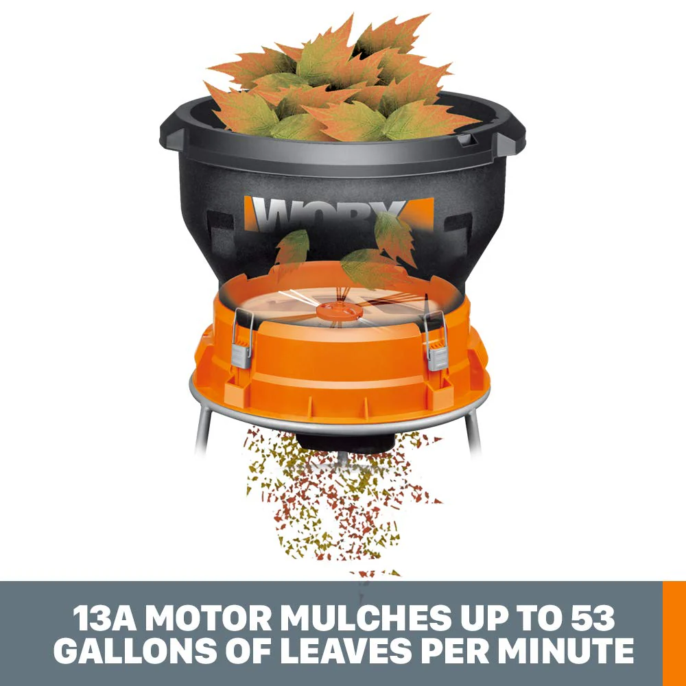 Worx WG430 13 Amp Electric Leaf Mulcher, Portable, Efficient 11:1 Mulch Ratio, Tool-Free Assembly