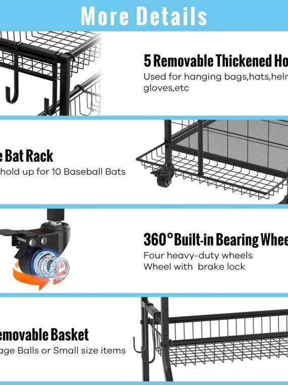 WUC Garage Sports Equipment Organizer with Spacious Storage, Durable Hooks, and Wheels for Easy Mobility