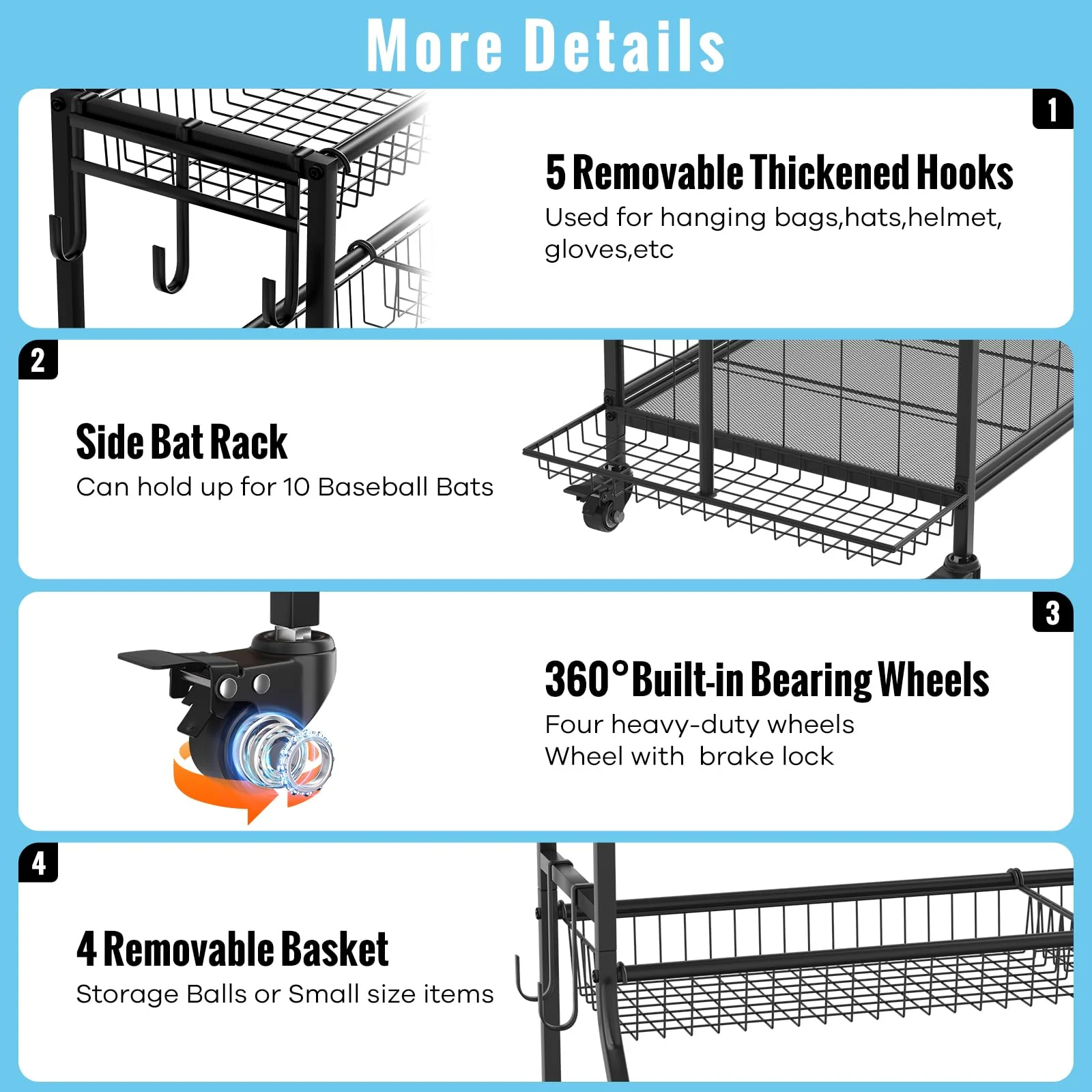 WUC Garage Sports Equipment Organizer with Spacious Storage, Durable Hooks, and Wheels for Easy Mobility