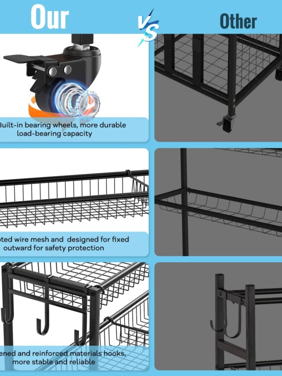 WUC Garage Sports Equipment Organizer with Spacious Storage, Durable Hooks, and Wheels for Easy Mobility