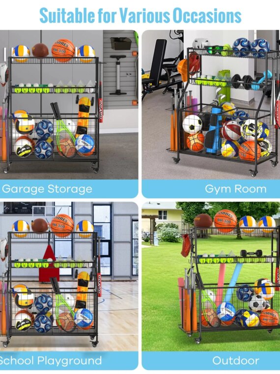 WUC Garage Sports Equipment Organizer with Spacious Storage, Durable Hooks, and Wheels for Easy Mobility