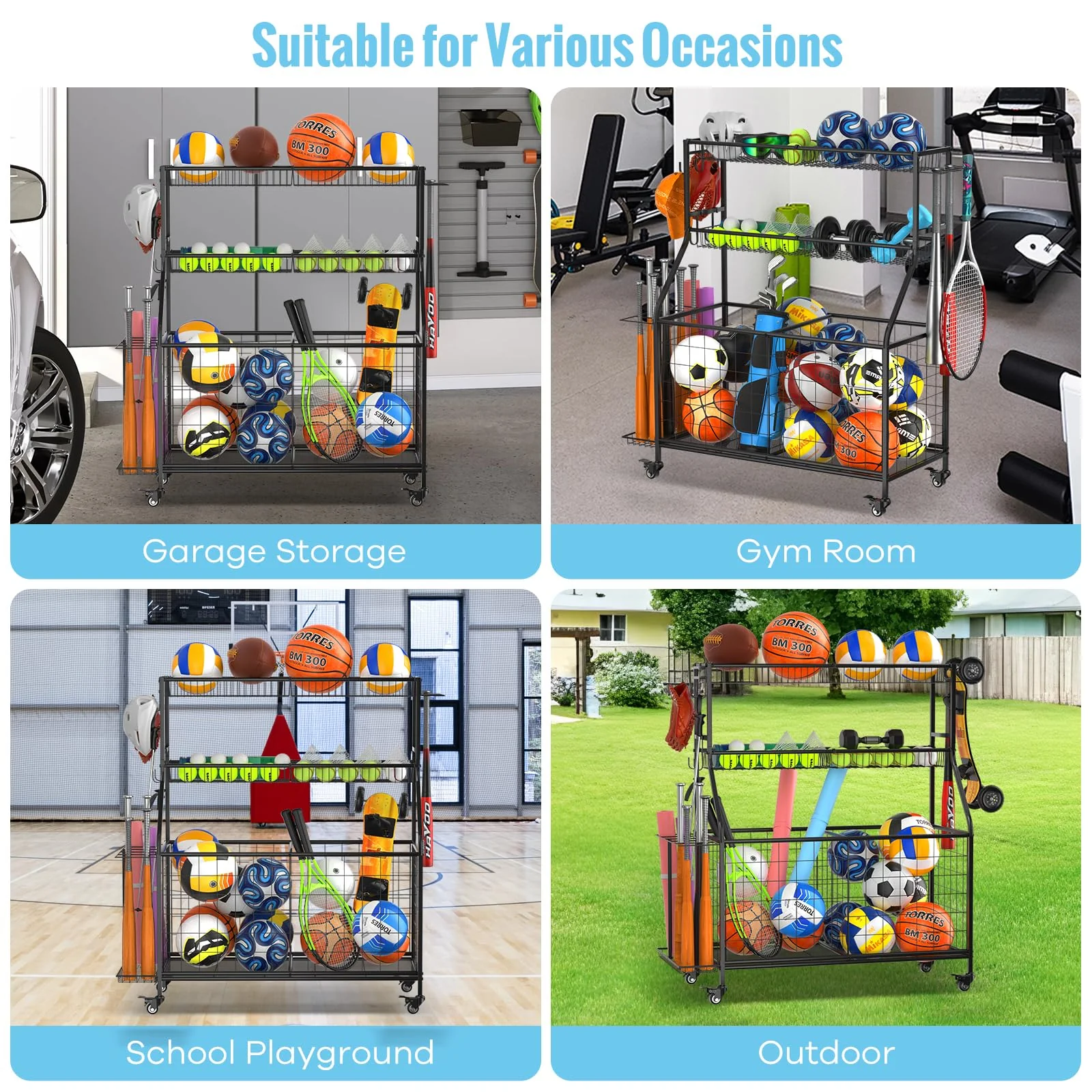 WUC Garage Sports Equipment Organizer with Spacious Storage, Durable Hooks, and Wheels for Easy Mobility