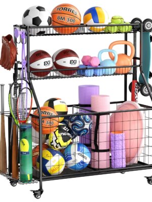 WUC Garage Sports Equipment Organizer with Spacious Storage, Durable Hooks, and Wheels for Easy Mobility