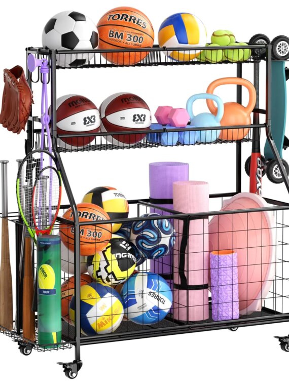 WUC Garage Sports Equipment Organizer with Spacious Storage, Durable Hooks, and Wheels for Easy Mobility