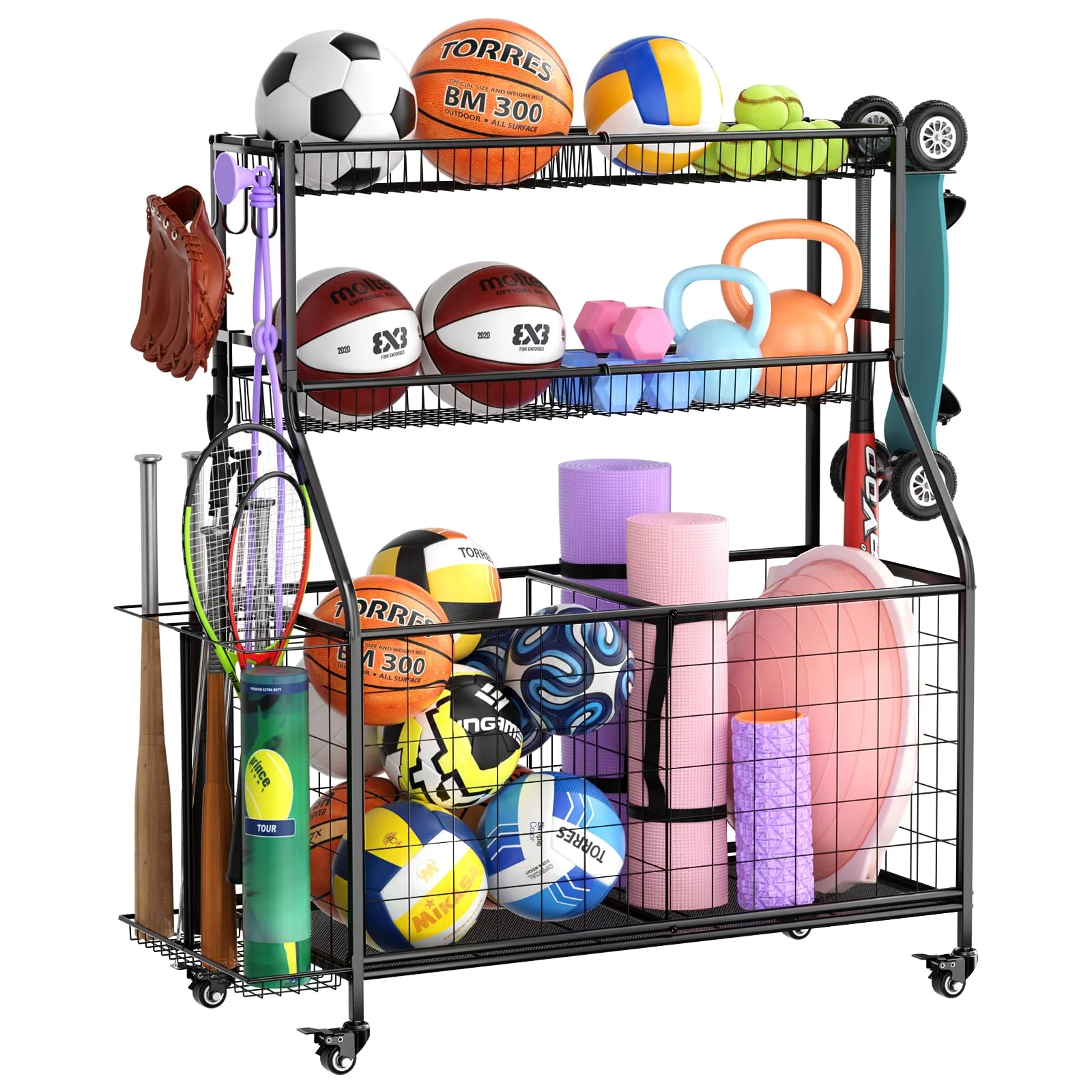 WUC Garage Sports Equipment Organizer with Spacious Storage, Durable Hooks, and Wheels for Easy Mobility