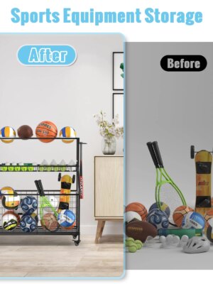 WUC Garage Sports Equipment Organizer with Spacious Storage, Durable Hooks, and Wheels for Easy Mobility