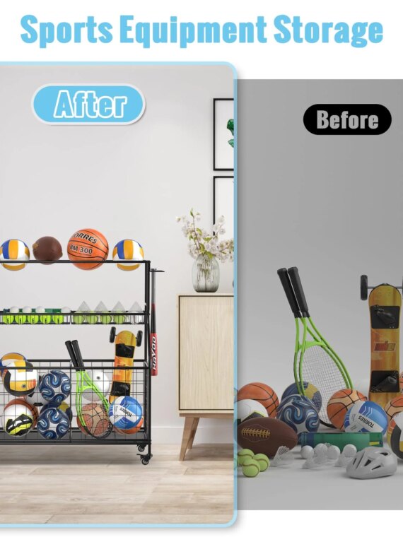 WUC Garage Sports Equipment Organizer with Spacious Storage, Durable Hooks, and Wheels for Easy Mobility