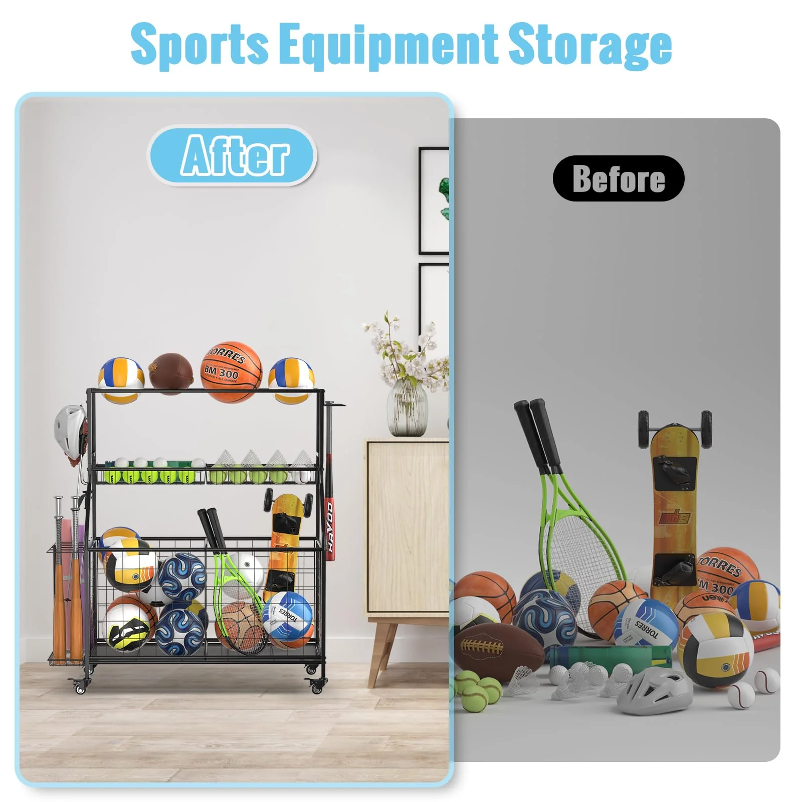 WUC Garage Sports Equipment Organizer with Spacious Storage, Durable Hooks, and Wheels for Easy Mobility