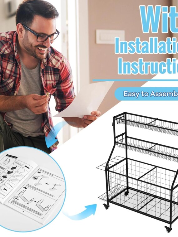 WUC Garage Sports Equipment Organizer with Spacious Storage, Durable Hooks, and Wheels for Easy Mobility