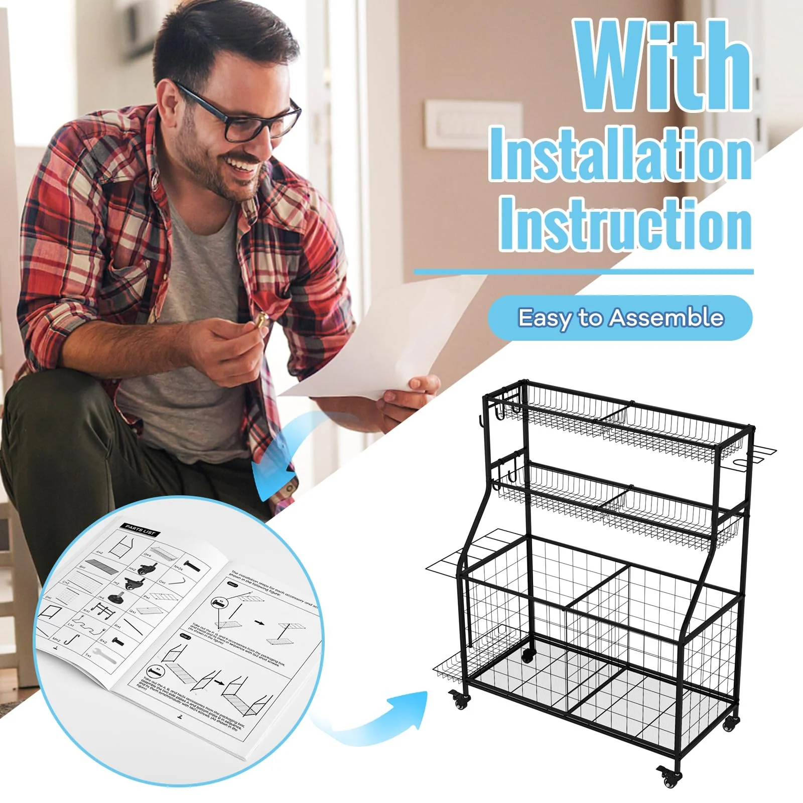 WUC Garage Sports Equipment Organizer with Spacious Storage, Durable Hooks, and Wheels for Easy Mobility