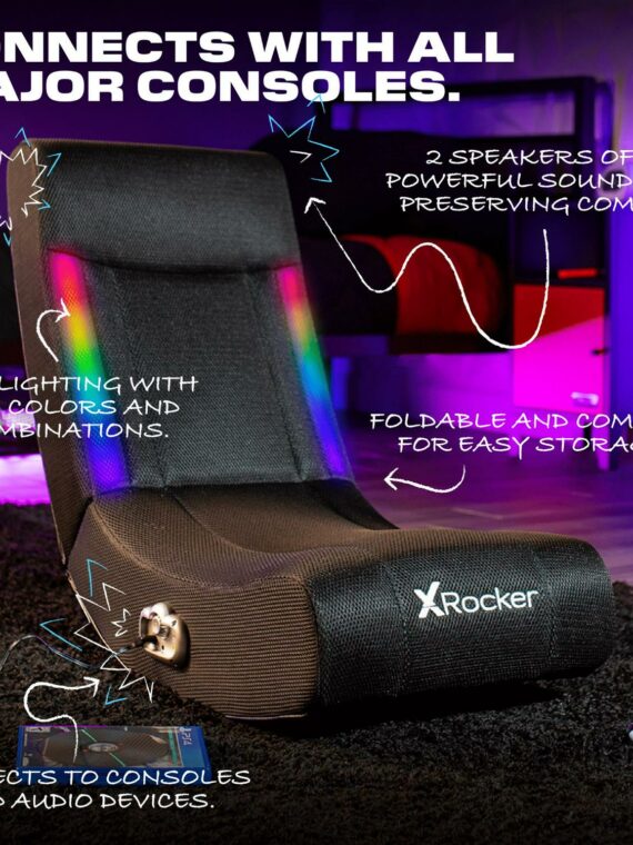 X Rocker Solo RGB Mesh 2.0 Audio Floor Rocker Chair, Black, Ergonomic Design, LED Lighting, 30.1"x15.4"x24.2"