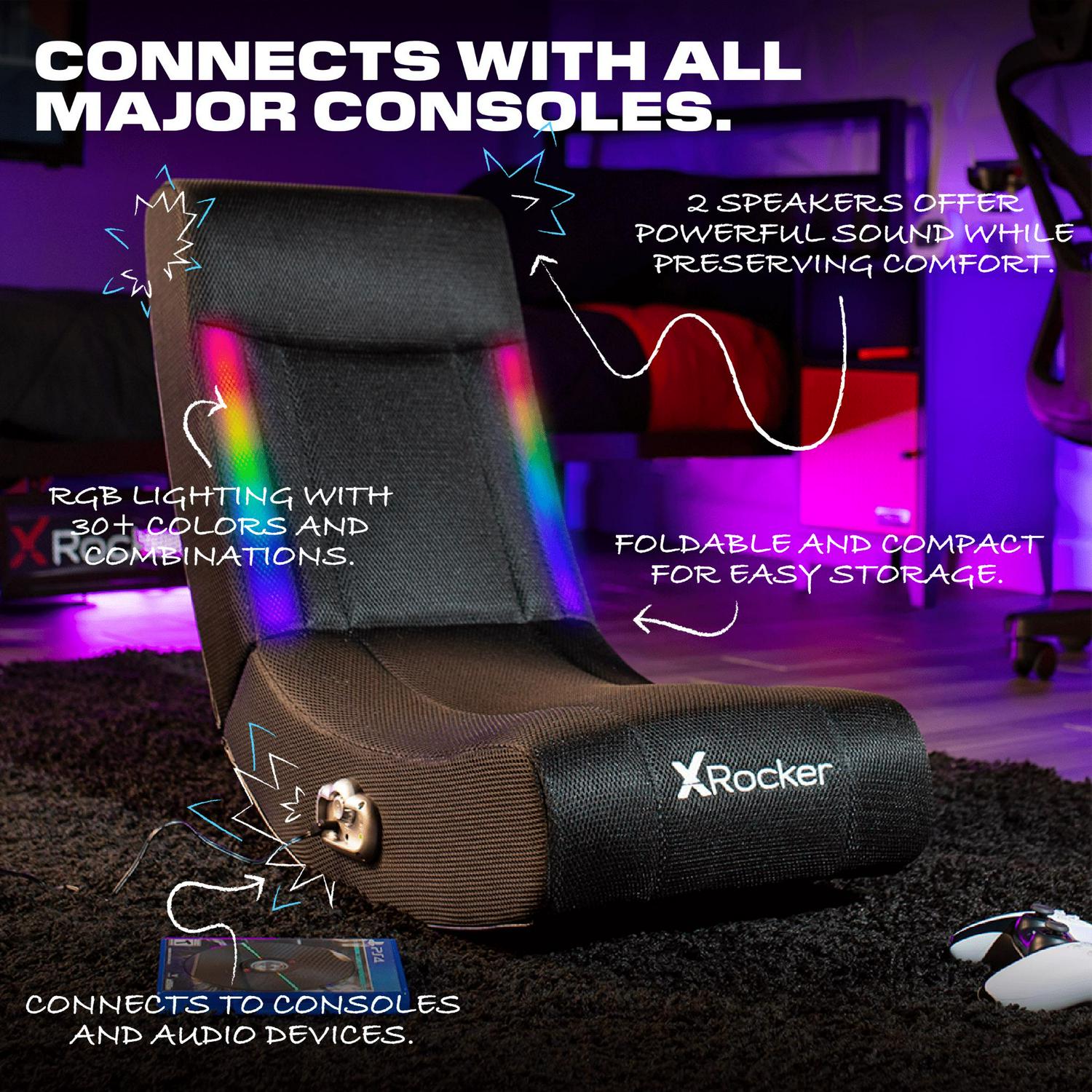 X Rocker Solo RGB Mesh 2.0 Audio Floor Rocker Chair, Black, Ergonomic Design, LED Lighting, 30.1"x15.4"x24.2"