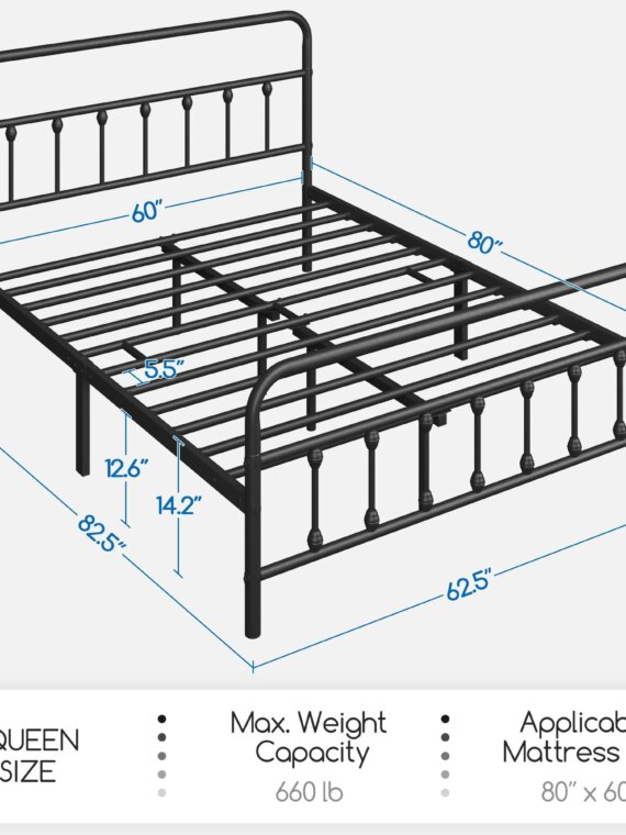 Yaheetech Queen Size Metal Platform Bed Frame, Farmhouse Style, Durable with High Headboard, Easy Assembly