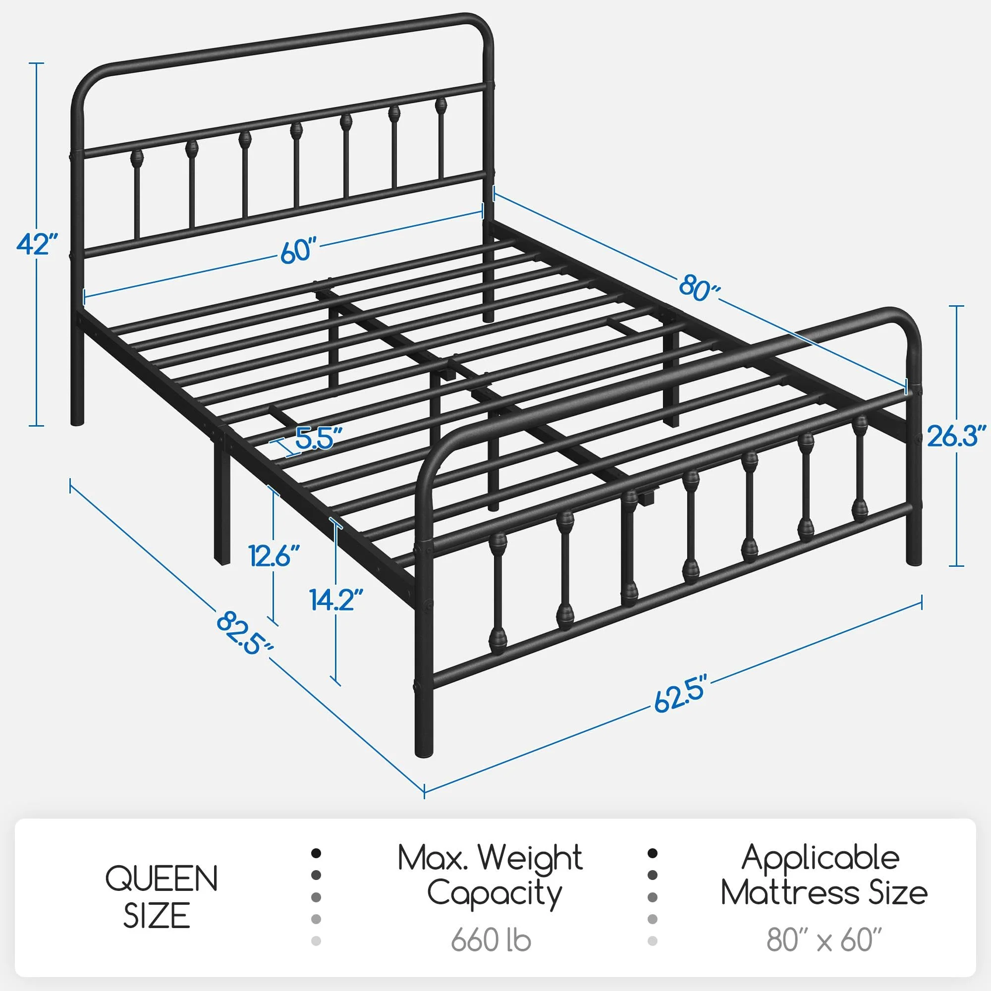 Yaheetech Queen Size Metal Platform Bed Frame, Farmhouse Style, Durable with High Headboard, Easy Assembly
