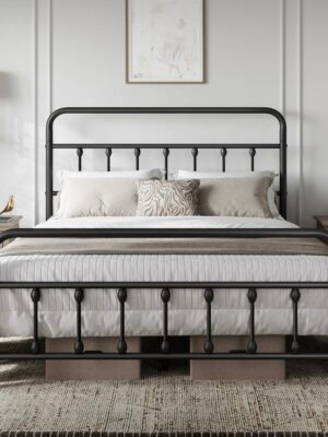 Yaheetech Queen Size Metal Platform Bed Frame, Farmhouse Style, Durable with High Headboard, Easy Assembly