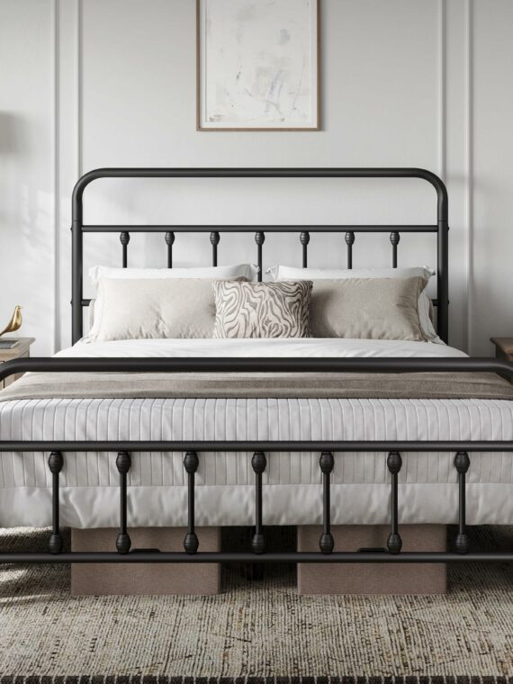 Yaheetech Queen Size Metal Platform Bed Frame, Farmhouse Style, Durable with High Headboard, Easy Assembly